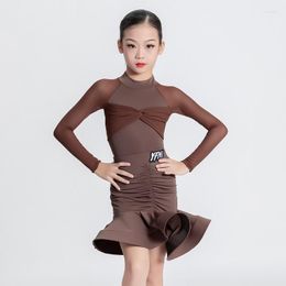 Stage Wear Girls Latin Dance Competition Dress Brown Long Sleeve ChaCha Clothes Rumba Dancing Costume Bodysuit Skirt VDB7385