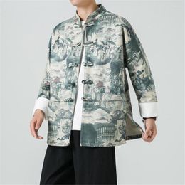 Men's Jackets Chinese Style Jacket Men Suede Coat Spring Autumn Traditional Clothing Male Ancient Painting Printing