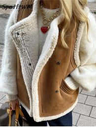 Women s Vests Brown Patchwork Pocket Fur Teddy Coats Autumn Sleeveless Thicken Covered Button Cardigan Vest 2023 Female Loose Street Waistcoat 231005