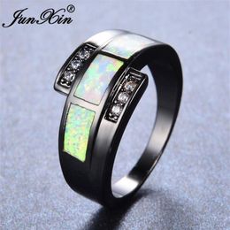 Wedding Rings JUNXIN White Fire Opal Ring With Zircon Vintage Black Gold Filled Jewelry For Men And Women Christmas Day Gift200n
