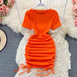 Basic Casual Dresses Chic Drawstring Sheath Dress Short Sleeve Wrap Dress Korean Fashion Slim Basic Vestidos Women Vintage Summer Casual Dress Y2k 230927