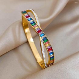 Bangle Greatera Exquisite Colourful Cubic Zirconia Rhinestone Intersect Stainless Steel Bangles Bracelets For Women Gold Plated Jewellery