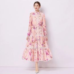Basic Casual Dresses Fashion Runway Flower Print Shirt Dress Women Autumn Winter Lace Embroidery Hollow Out Lantern Sleeve Sashes Long Vestidos 2024