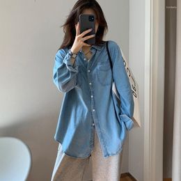 Women's T Shirts Vintage Light Blue Spring Autumn Women Top Clothing Loose Retro Harajuku Style Long Sleeve T-shirt Cardigan Button Up