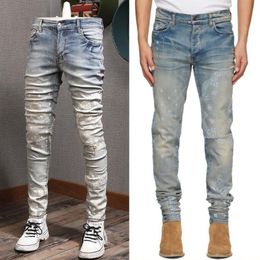 Men Painted Elastic Jeans Denim Cotton Trousers Man Fashion NEW Slim Fit Stretch Effect253a