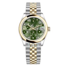 Ladies Mechanical Watch 31mm women watches Green Flower Dial Sliver gold Stainless Steel Strap259k