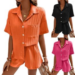 Women's Tracksuits Women Lapel Blouses & Drawstring Shorts Simple Button Down Blouse Sets Comfy Solid Colour Slim Fit Summer Casual Set