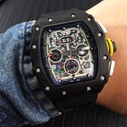 New Luxury Big Full Black Case Flyback Skeleton Watches Rubber Japan Miyota Automatic Mechanical Mens Watch347W