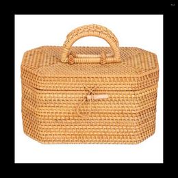 Kitchen Storage Handwoven Rattan Box With Handle Tea Food Container Picnic Bread Fruit Basket Ornament Organiser