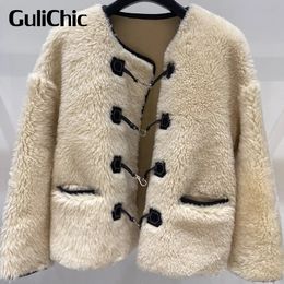 Womens Fur Faux 94 GuliChic Women High Street Temperament Crew Neck Long Sleeve Lobster Clasp Decoration Casual Real Coat 231005