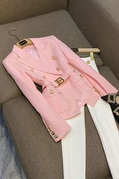 Women's Suits Blazers 2023 Pink Color Gold Buttons Lapel Slim With Blet For Women Casual Elegant Lady Jacket Tops 231005