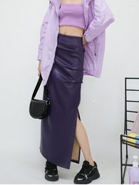 Skirts GUUZYUVIZ Black High Waist Folds Side Split Pu Leather For Women Autumn Winter Elegant Brown Purple Bodycon Long