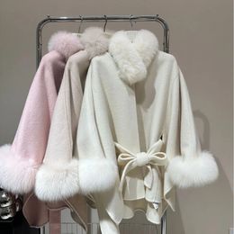 Womens Fur Faux Luxury Cashmere Poncho Blend Women Autumn Winter Long Ribbon Cloak Real Batwing Sleeves Collar Woolen Coat 230928