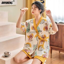 Women's Sleep Lounge 2023 New Fashion Summer Pajamas for Teen Girls Kawaii Bear Printing Soft Cotton Kimono Sleepwear Bow Ornament Pijamas for LadyL231005