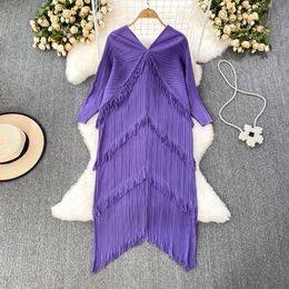 Basic Casual Dresses Woman Midi Pleated Dress Tassel Hit Colour Batwing Sleeve V Collar Elastic Wild Casual Style Summer Dresses 2024