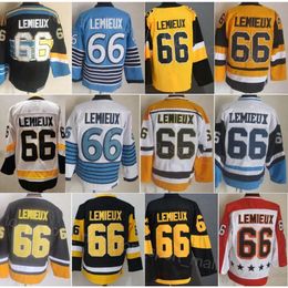 Men Retro Hockey 66 Lemieux Jerseys Black White Blue Yellow Team Color Vintage Classic All Stitched CCM Retire Pure Cotton For Sport Fans Breathable High/Good