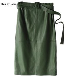 HarleyFashion Winter Women Luxury PU Leather Skirt High Street Green & Khaki & Black Sheap Genuine Leather Touch Straight Skirt LJ308R