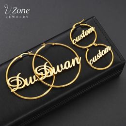 Hoop Huggie UZone 1 Pair Stainless Steel Custom Name Earrings Personalised Letter Circle Earring For Women Girls Birthday Party Jewellery 231005