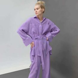 Women's Sleep Lounge High Quality 100% cotton crepe Women's Pajamas Set Luxury Loose Sleepwear ladies solid color simple Nightwear Leisure HomewearL231005