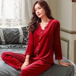 Women's Sleepwear Fdfklak Black/White Pyjamas Women Velvet Pajamas Sets Spring Autumn Long Sleeve 2 Pcs Suit Casual Home Clothing