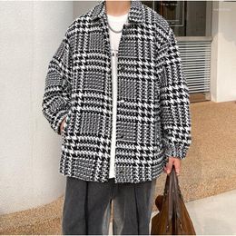 Men's Casual Shirts Long Sleeved Plaid Men Trench Coat Korean Version Trendy Single Breasted Blouse Houndstooth Oversized