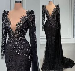 Evening Dresses Illusion Black Prom Party Gown Formal Plus Size Mermaid Beaded Zipper Lace Up New Custom Sequins Long Sleeve Lace Crystal O-Neck Lace