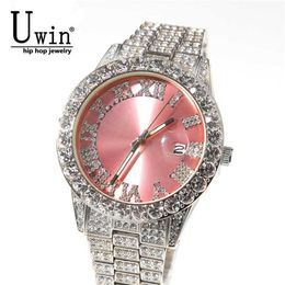 Uwin Big Dial Watches Pink Purple Blue Black Full Iced Out Men Stainless Steel Fashion Luxury s Quartz Business 210728249i