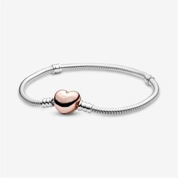 925 Sterling Silver Rose Gold Heart Clasp Snake Chain Bracelet Fit Authentic European Dangle Charm For Women Fashion Jewelry Acces223K
