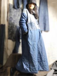 Casual Dresses Johnature Women Vintage Patchwork Denim Cotton O-Neck Long Sleeve Winter Robes 2023 Blue Plus Warm Dress