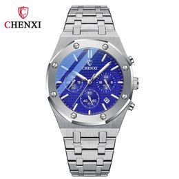 Chronograph Watches Men Silver Stainless Steel Waterproof Multi Function Calendar Brand CHENXI Business Casual Sport Male Watch 21234a