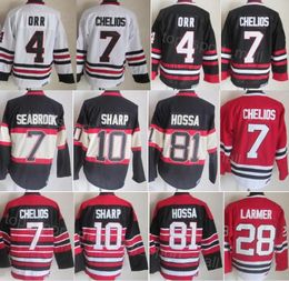 Men Retro Hockey 4 Bobby Orr Jersey Vintage Classic 7 Chris Chelios 10 Patrick Sharp 81 Marian Hossa 28 Steve Larmer 3 Pierre Pilote 8 Bill Mosienko Black Red White