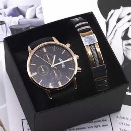 Men Watch Bracelet Set Fashion Sport Wrist Watch Alloy Case Leather Band Watch Quartz Business Wristwatch calendar Clock Gift 2106289U