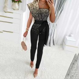 Women's Jumpsuits Rompers Fashion Sequins Patchwork Short Sleeve Slim Bodycon Outfits Jumpsuit Women Lady Elegant Sexy One Piece Party OverallsL231005