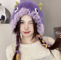M674 Cute Little Monsters Furry Hat For Women Sweet Plush Caps Winter Warm Faux Fur Knitted Beanie Ear Protection Hats