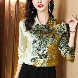 Elegant Silk Satin Graphic Beige Shirt for Women Designer Long Sleeve Lapel Classic Blouses 2023 Autumn Winter Casual Runway Button Up Shirts Office Ladies Chic Tops