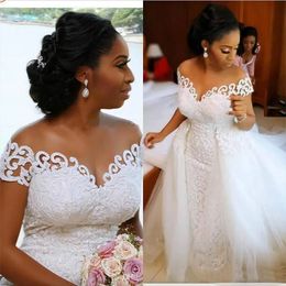African Sexy Nigerian Mermaid Wedding Dresses with Detachable Train Full Lace Applique Sheer Off the Shoulder Short Sleeve Bridal Gowns 2023