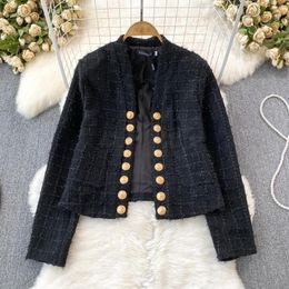 Women's Jackets Runway Fashion Vintage Black Tweed Jacket Women Luxury Fringe Fur Slim Metal Buckle Cardigan Short Coat Female