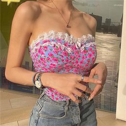 Women's Tanks Musuos Sexy Summer Corset Crop Top Women Floral Printing Off Shoulder Lace Trim Backless Tube Tops Beach Street Lady Vest