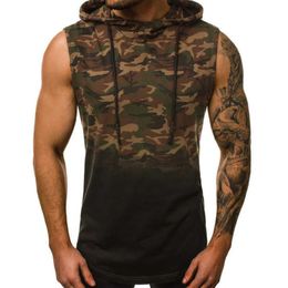 Men Bodybuilding Tank Tops Gyms Fitness Workout Sleeveless Hoodies Man Slim Casual Camouflage Hooded Vest Male Camo Clothing249v
