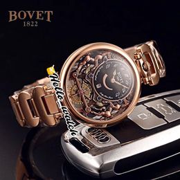 40mm Bovet 1822 Tourbillon Amadeo Fleurie Watches Quartz Mens Watch Black Skeleton Dial Rose Gold Steel Bracelet HWBT Hello Watch256n