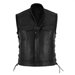 Men's Vests Men Leather Vest Coat Fashion Casual Solid Motorcycle Fleet Punk Jackets Drawstring Hem V Neck Zipper Warm Man Top