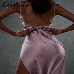 Casual Dresses Dulzura Lace Up Bandage Women Satin Maxi Dress Backless Side Slit Bodycon Party Elegant Birthday Evening Bridesmaid301b