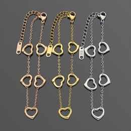 Stainless 5pcs hollow heart charms Link chain bracelet adjustable size 18k gold silver Colours loving gift Jewellery for lady t-lette312b