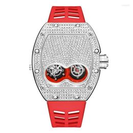 Wristwatches Pintime Original Luxury Full Diamond Iced Out Watch Bling-Ed Rose Gold Case Red Silicone Strap Quartz Clock For Men254l