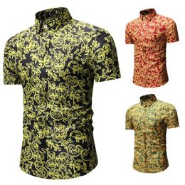 Men Silk Shirt Flower Print Fashion Men Summer Casual Short Sleeve Quality Hawaiian Dress Shirts Mens Clothing Camisa Masculina261C