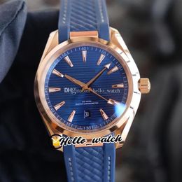 41mm Date Aqua Terra 150m 220 52 41 21 03 001 Automatic Mens Watch Blue Texture Dial And Hands Rose Gold Case Rubber Strap Gent Wa257x