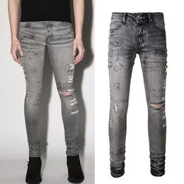 Men's Printed Grey Stretch Denim Jeans Slim Fit Zip Close Details265q