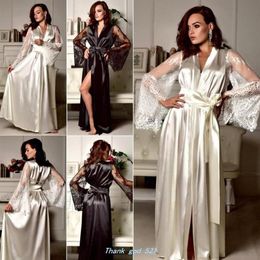 Lace Women Dress Sexy V Neck Satin Robe Bandage Sleepwear Nightgown Silk Babydoll Smooth Sleep Maxi208D