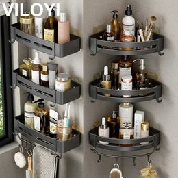 Bathroom Shelves VILOYI Bathroom Corner Shelves No Drilling Shower Shampoo Storage Racks Wall Mounted Space Aluminium Rustproof Shelf with Hooks 230927