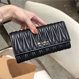 Money Clips New Korean sweet sheepskin pleated miu wallet women's fashion large capacity flip over handbag long style for women